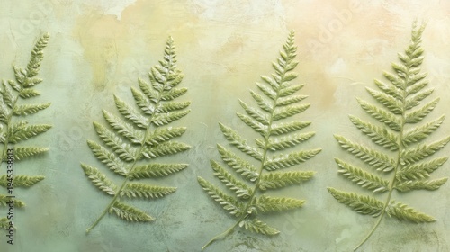 Several vibrant green fern leaves are artfully arranged in a horizontal pattern across a textured, rustic light green and yellow background, creating a serene botanical display with ample copy space.