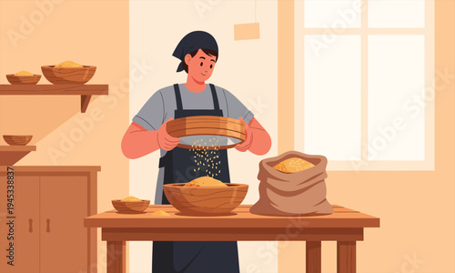 Woman Sifting Flour with a Wooden Sieve in the Kitchen