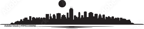 City skyline silhouette with sun and reflection vector illustration on transparent background