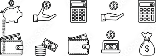 Financial icons and symbols for money management and accounting