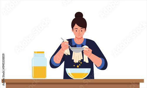 Woman Straining Fresh Juice Through Cloth Filter