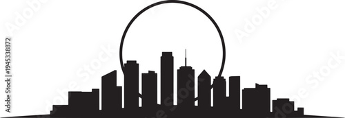 City skyline silhouette with sun or moon above vector illustration on transparent background