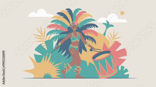 A vibrant illustration of a person in a colorful costume dancing with a drum in a tropical setting.