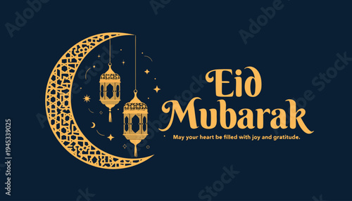 Elegant crescent moon and lanterns, warm golden greeting card, Eid Mubarak written on card