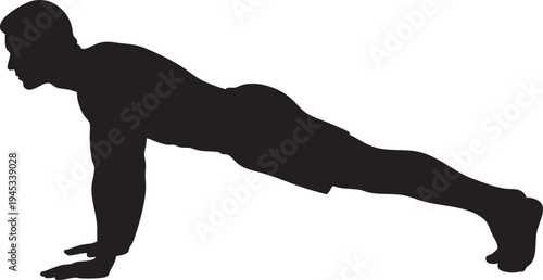 Dynamic male figure silhouette demonstrating a perfect plank position, symbolizing core strength, wellness, and dedicated fitness training