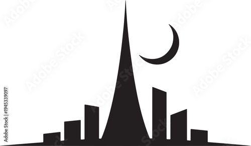 Modern city skyline with tall central building and crescent moon silhouette vector illustration