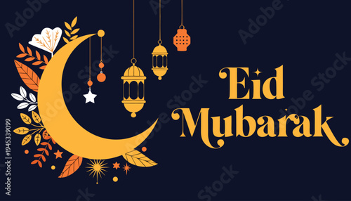 Elegant crescent moon and lanterns, warm golden greeting card, written Eid Mubarak