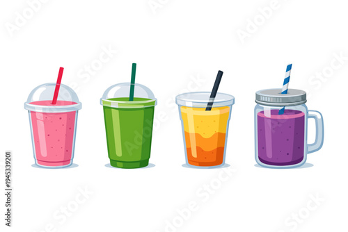 Four colorful fruit smoothies and juices in clear plastic cups and a mason jar