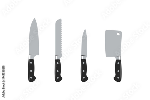 Set of four kitchen knives including a chef's knife, bread knife, paring knife, and cleaver