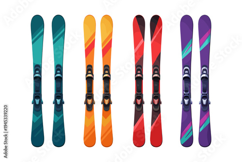 Collection of colorful skis with bindings, isolated on a white background