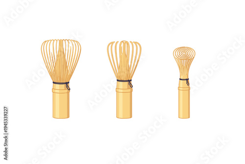 Three traditional bamboo whisks for preparing matcha tea, isolated on white background