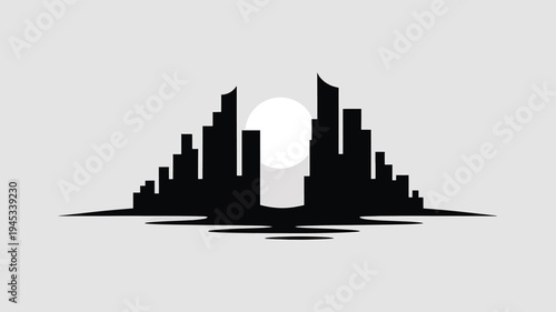 Symmetrical modern city skyline with central gap and sun reflection vector illustration