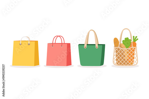 Collection of colorful shopping bags and a reusable grocery tote filled with food