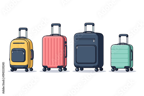 Collection of four colorful rolling suitcases with retractable handles on a white background