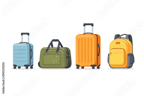 Collection of colorful luggage and backpack for travel and vacation
