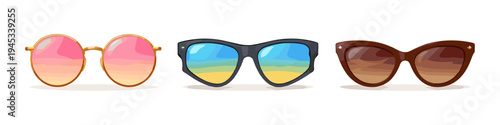 Collection of three different styles of sunglasses with colorful reflective lenses