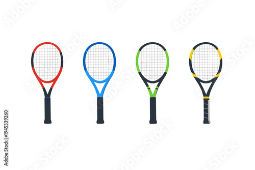 Four colorful tennis rackets displayed in a row on a white background