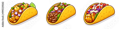Three delicious cartoon tacos with various fillings and toppings on a white background