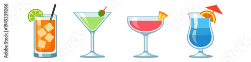 Collection of four colorful alcoholic and non-alcoholic cocktails with garnishes