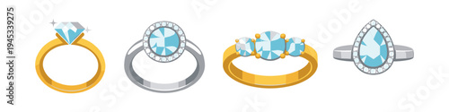 Collection of four diamond engagement rings with different settings and cuts