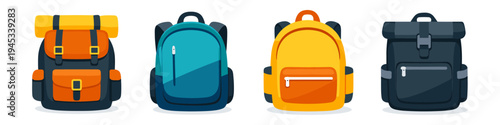 Collection of four colorful backpacks for travel and outdoor adventures