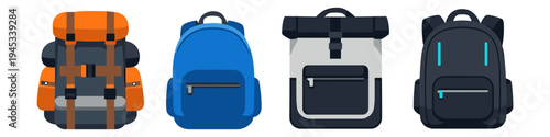 Collection of four distinct backpacks in a flat design style, showcasing variety