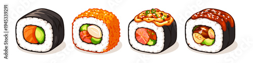 Assortment of four delicious and colorful sushi rolls with various fillings and toppings