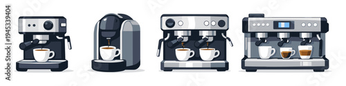 Collection of modern espresso machines brewing coffee into cups on white background