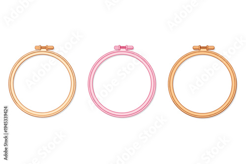 Three embroidery hoops in different colors, isolated on a white background