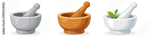 Three different mortars and pestles made of stone, wood, and ceramic materials