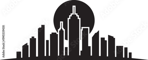 Urban skyline silhouette with large moon or sun and modern high-rise buildings vector graphic