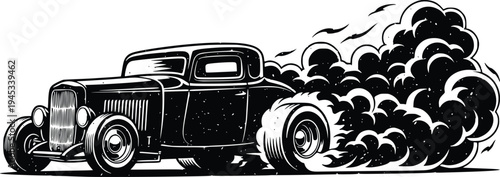 Vintage Hot Rod Burnout with Tire Smoke Hand Drawn Retro Vector Illustration