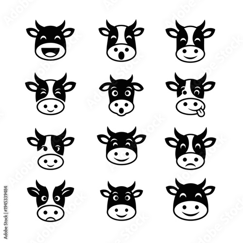 Head Cow mascot logo collection with simple rounded silhouette style for farm themed children branding.