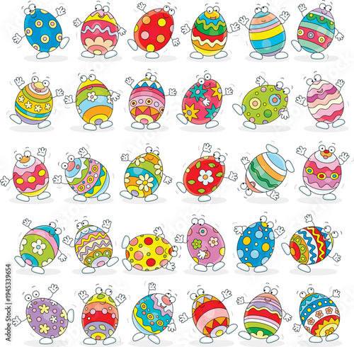 Greeting card with funny cartoon characters of colorfully decorated hand-drawn Easter eggs dancing happily, vector illustration on a white background