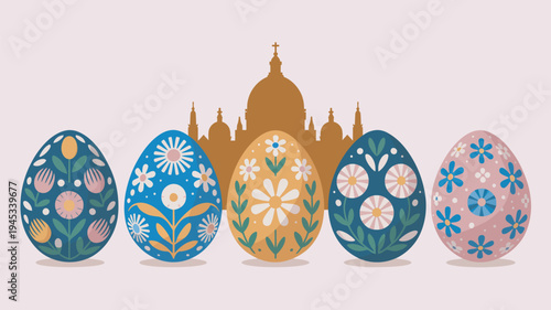 A colorful illustration of decorated Easter eggs in front of a church silhouette.