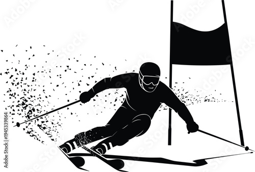 Alpine skier silhouette racing slalom dynamic motion speed athletic competition snow sport precision technique energy illustration design concept flat vector