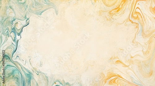 Abstract marbled background features ethereal turquoise and warm golden swirls framing a subtle textured cream central copy space perfect for design projects.