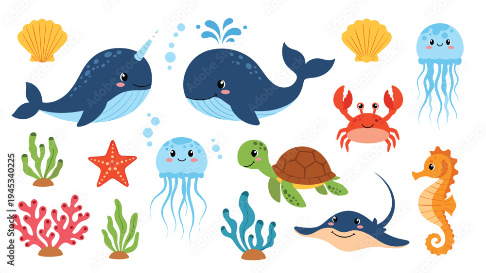 Fototapeta premium Collection of cute marine animals including a whale, narwhal, turtle, crab, and seahorse in a friendly cartoon style.