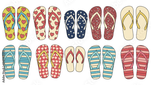 Set of colorful flip-flops with diverse patterns like hearts and stripes arranged in rows for vacation themes.