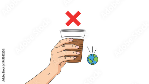 Hand holding a plastic cup with a red cross symbol above it next to an earth globe to promote plastic reduction.