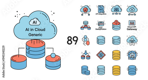 Cloud computing and ai icons for data storage and api integration