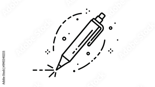 Modern outline illustration of a mechanical pen surrounded by decorative bubbles and dots for stationery concepts.