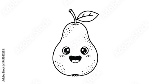 Happy pear character with a smiling face and blushing cheeks depicted in a simple black and white line art style.