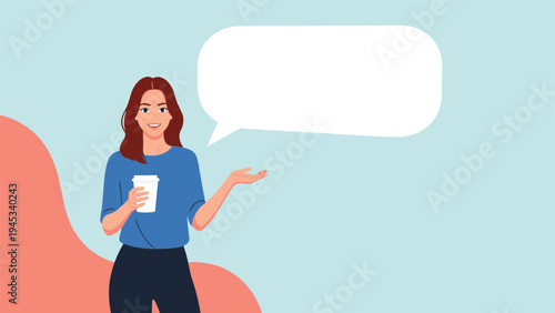 Young woman holding a takeaway coffee cup while gesturing toward an empty speech bubble on a colorful background.