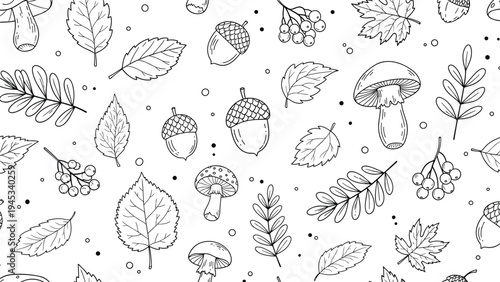 Black and white seamless pattern of autumn elements like leaves, acorns, and mushrooms in a hand-drawn outline style.