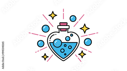Magical love potion in a heart shaped bottle with blue liquid, floating bubbles, and stars in a colorful flat style.