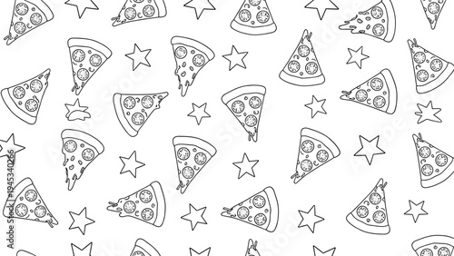 Playful seamless pattern of pepperoni pizza slices and stars shown in a minimalist black and white line drawing style.