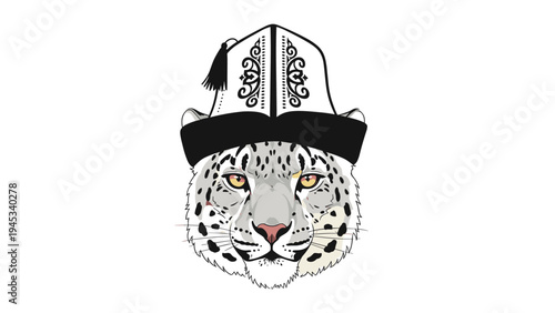 Majestic snow leopard head wearing a traditional central asian hat with intricate embroidery in a vector illustration.