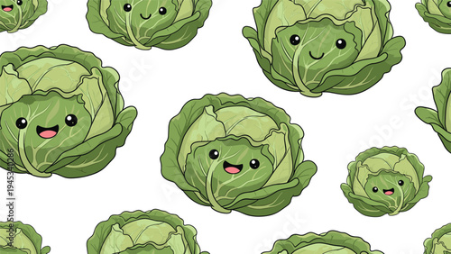Adorable seamless pattern of green cabbage characters with happy smiling faces creating a fun food theme for kids.