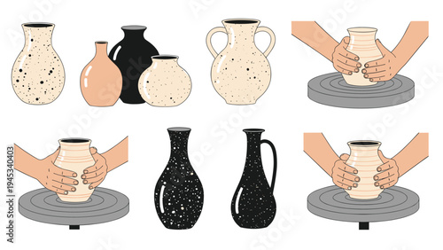 Collection of various pottery vases and hands working on a pottery wheel in a warm and artistic style.